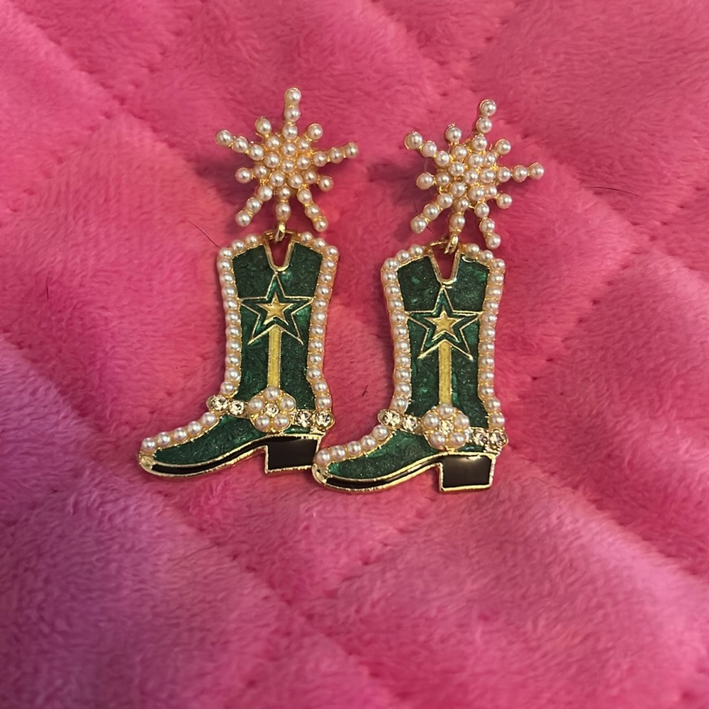 Green and Gold Star Cowboy Boot Earrings